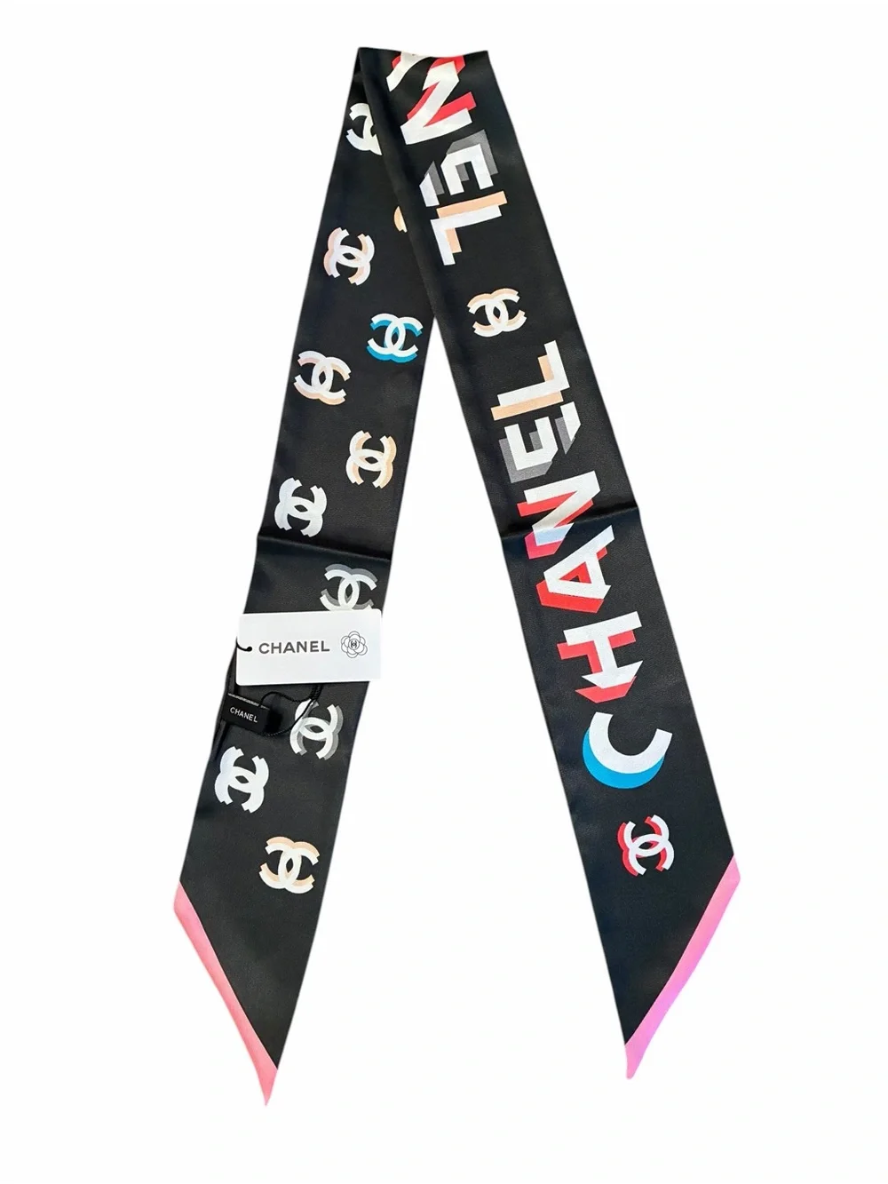 ChaneI. Multi Color Logo Spell-Out Twilly , Hair, Muffler Scarf 100% Silk